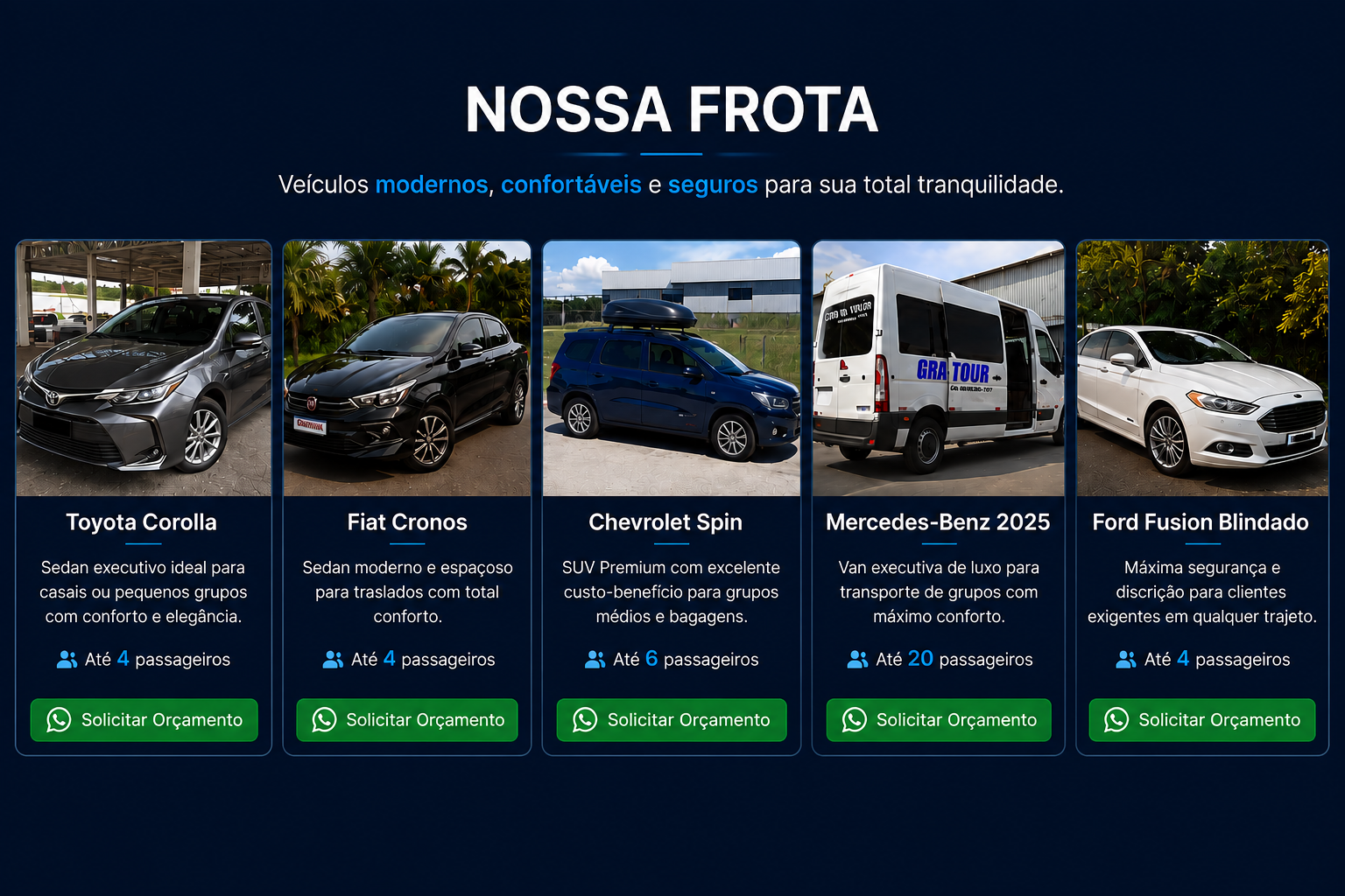 Nossa Frota Grau Tour: Toyota Corolla, Fiat Cronos, Chevrolet Spin, van executiva e Ford Fusion Blindado